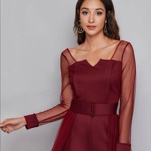 SHEIN Notch Neck Mesh Panel Pearl Detail Corset Jumpsuit with skirt. NEW